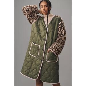 Anthropologie Colorblock Long Liner Quilted Button Up Coat Jacket Leopard Green